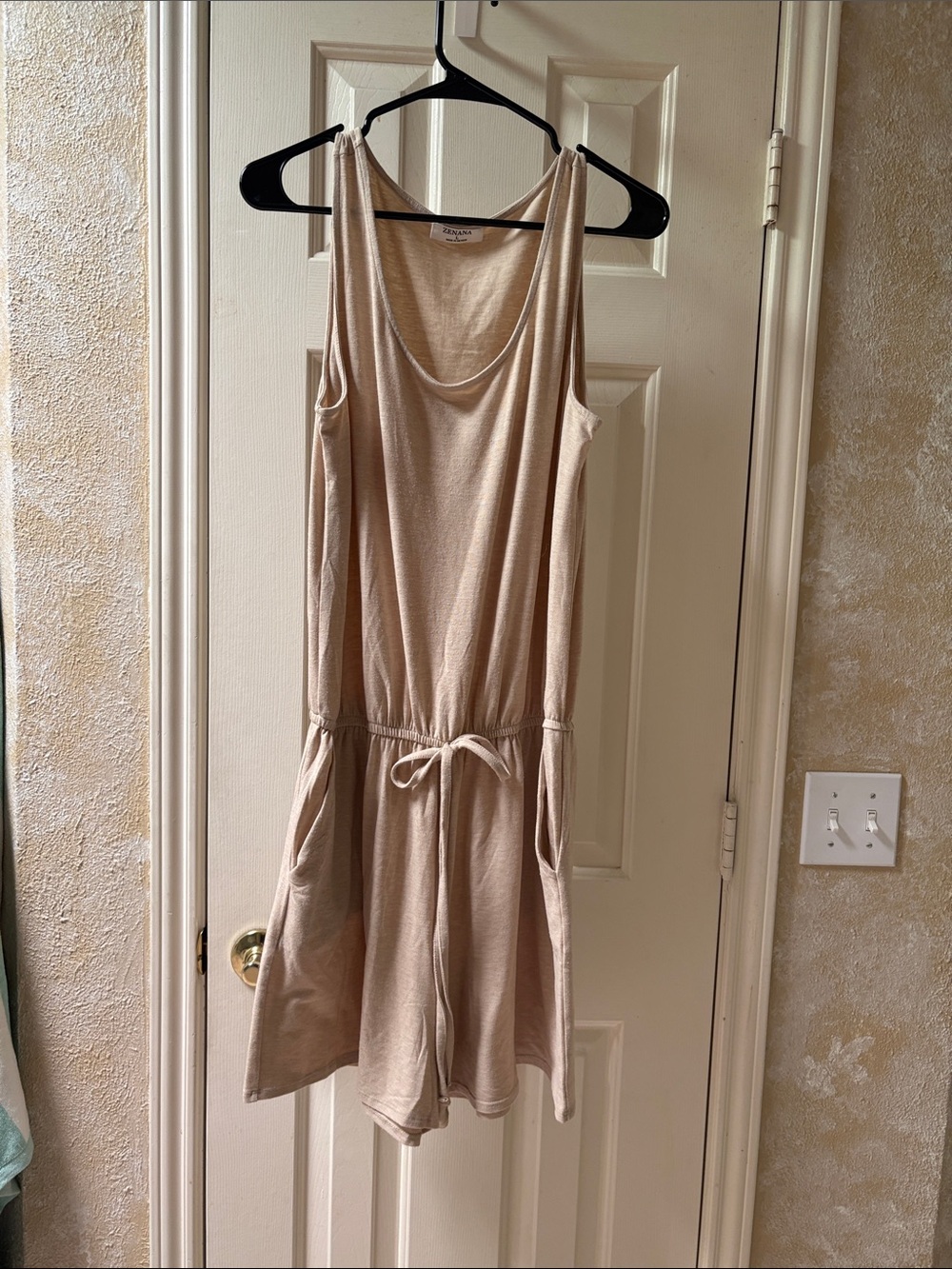 Zenana Outfitters Beige Scoop Neck Drawstring Romper